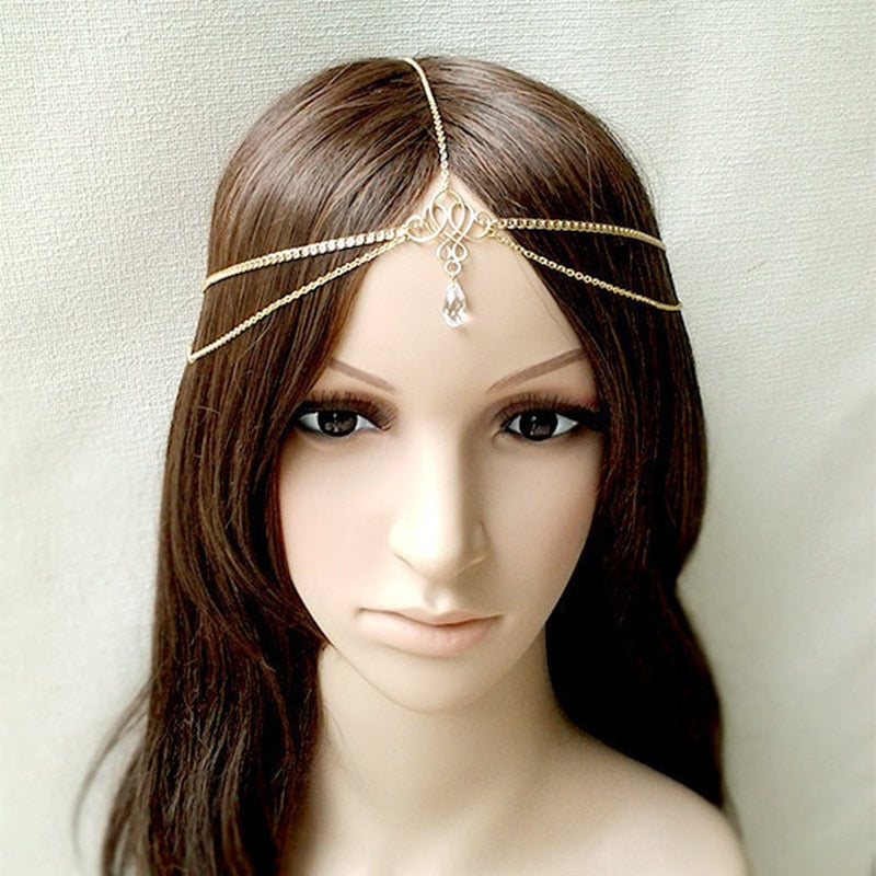 Simple Tassel Pearl Water Drop Gold Bijoux Bridal Crystal Head Chain - TulleLux Bridal Crowns &  Accessories 