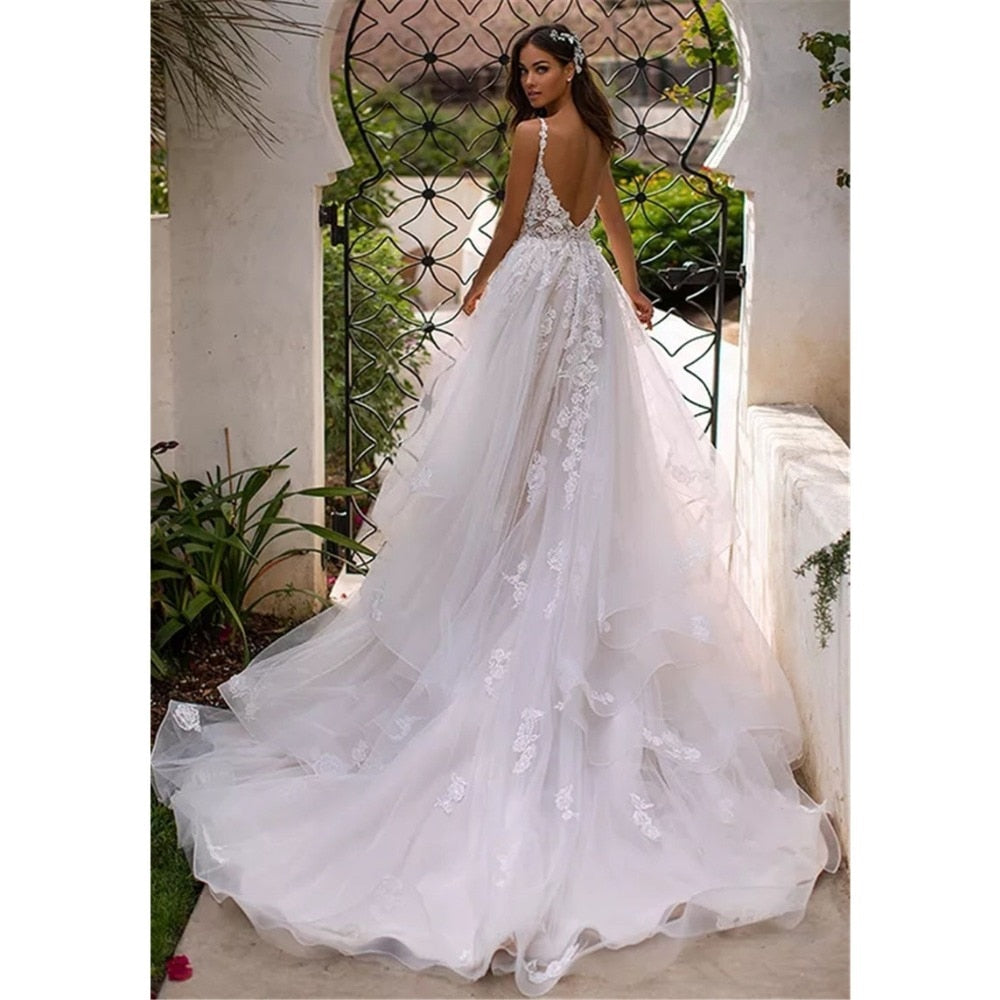 
                      
                        Long Boho A-Line Backless Flower Spaghetti Straps Princess Wedding Gown - TulleLux Bridal Crowns &  Accessories 
                      
                    