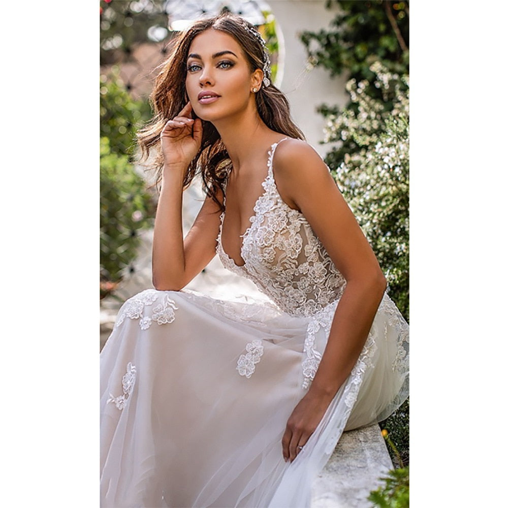 
                      
                        Long Boho A-Line Backless Flower Spaghetti Straps Princess Wedding Gown - TulleLux Bridal Crowns &  Accessories 
                      
                    