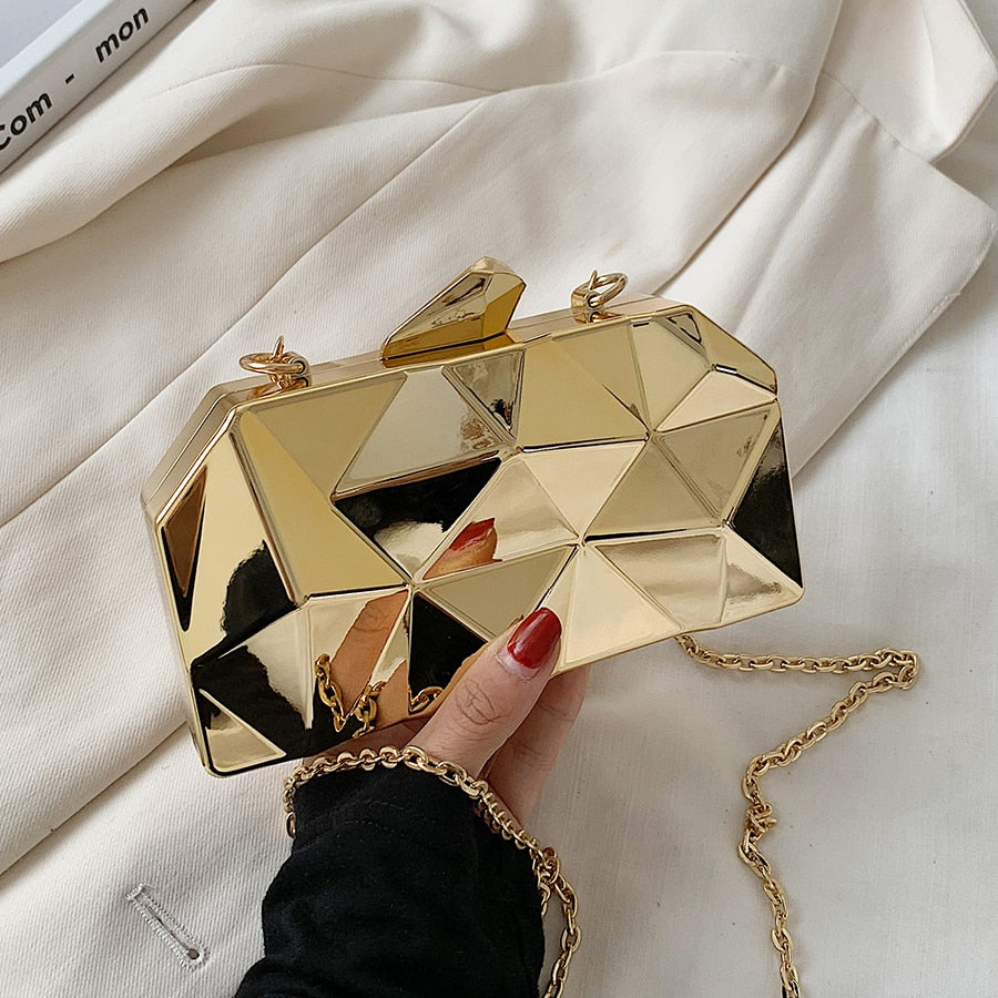 Gold Geometric Mini Party Evening Purse Crossbody Shoulder Bag Box Clutch
