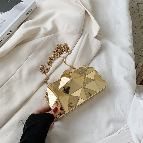 Gold Geometric Mini Party Evening Purse Crossbody Shoulder Bag Box Clutch - TulleLux Bridal Crowns &  Accessories 