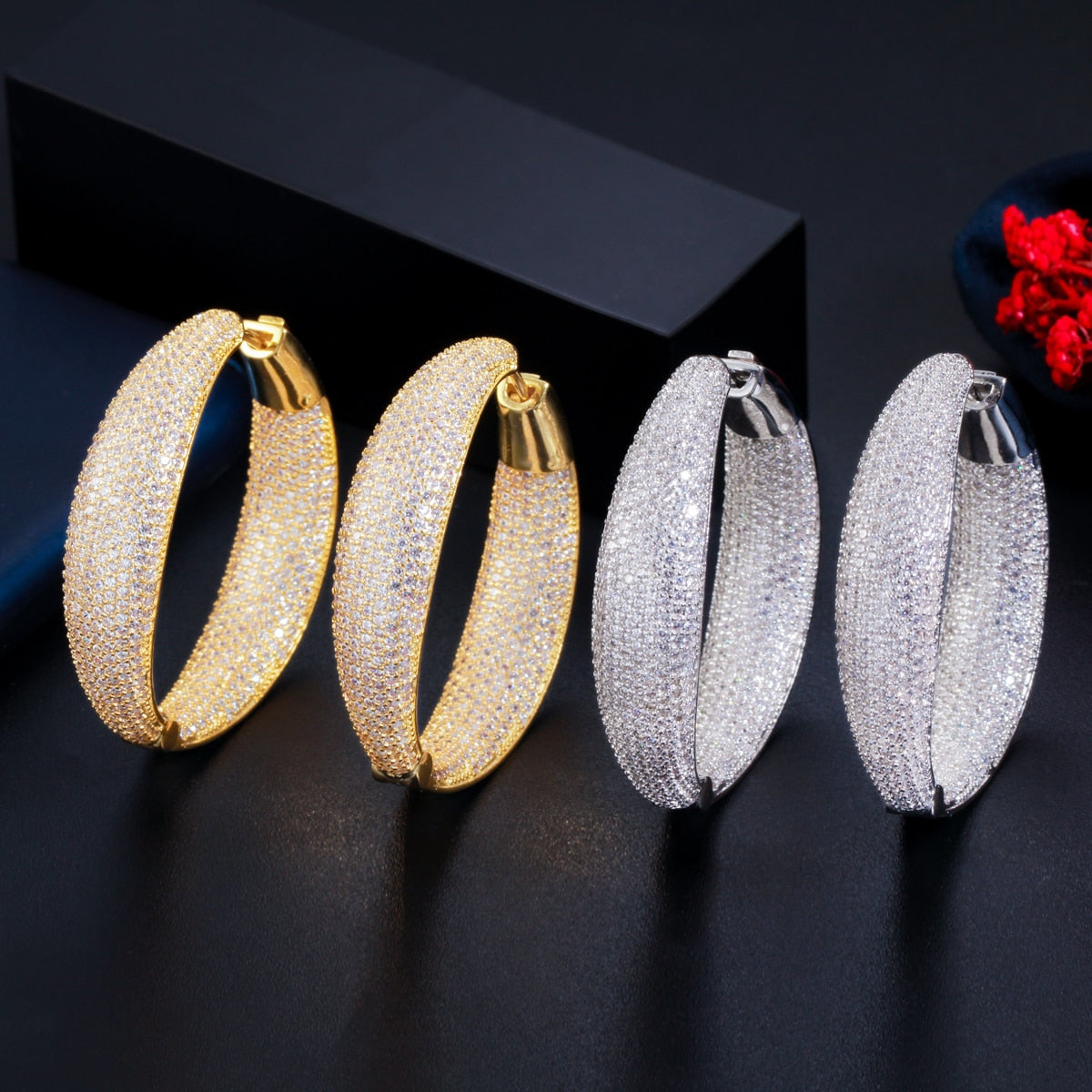 Micro Pave Cubic Zirconia Round Big Statement Luxury Hoop Earrings