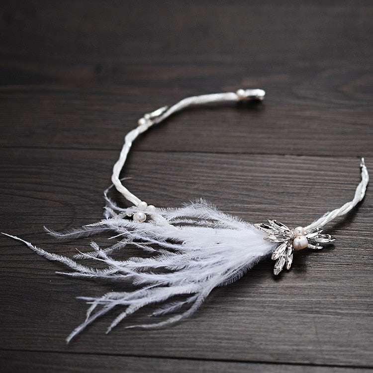 Handmade White Feather Bridal Headband with Earrings Wedding Hair Crown - TulleLux Bridal Crowns &  Accessories 