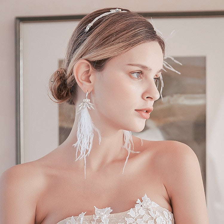 Handmade White Feather Bridal Headband with Earrings Wedding Hair Crown - TulleLux Bridal Crowns &  Accessories 