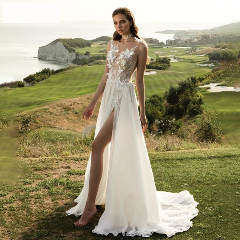 Boho Lace Appliques Wedding Dress High Slit 3D Flower  Beach Chiffon A-Line Bridal Gown - TulleLux Bridal Crowns &  Accessories 