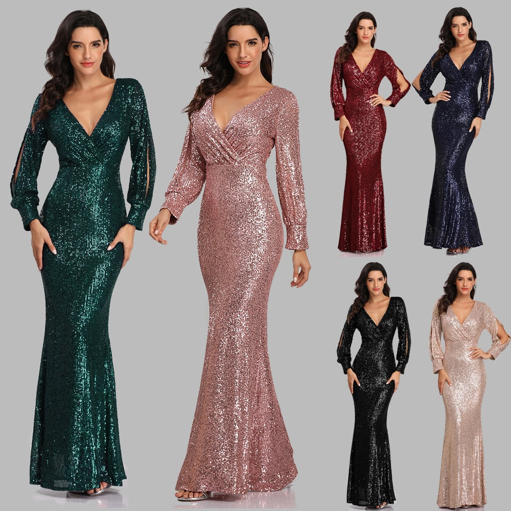 Sexy V-neck Sequined Mermaid Evening Dress Long Formal Party Gown - TulleLux Bridal Crowns &  Accessories 