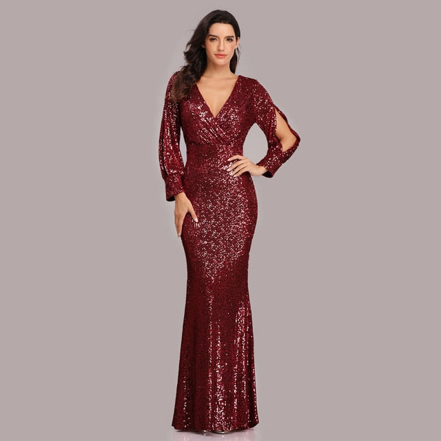 Load image into Gallery viewer, Sexy V-neck Sequined Mermaid Evening Dress Long Formal Party Gown - TulleLux Bridal Crowns &amp;amp;  Accessories 
