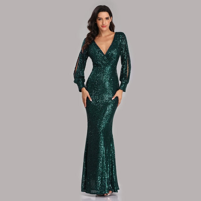 Load image into Gallery viewer, Sexy V-neck Sequined Mermaid Evening Dress Long Formal Party Gown - TulleLux Bridal Crowns &amp;amp;  Accessories 
