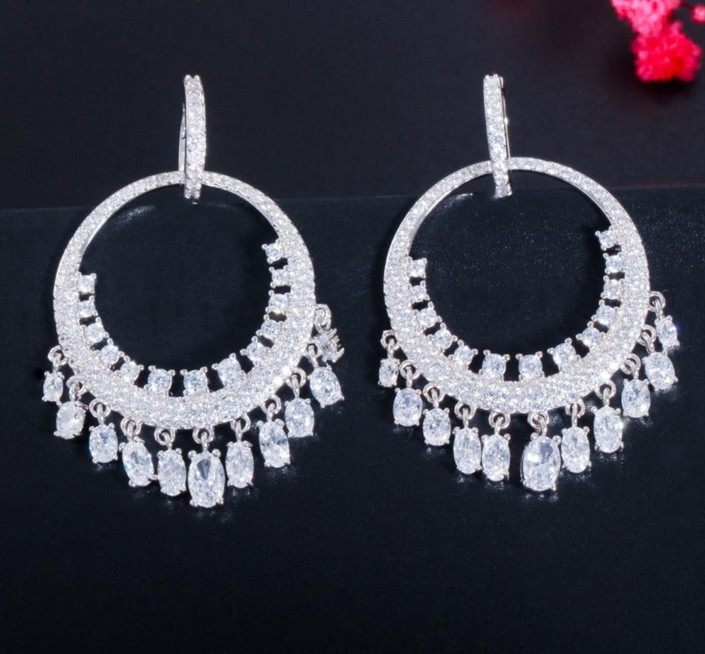 Cubic Zirconia Tassel Long Huggie Hoop Dangle Drop Earrings - TulleLux Bridal Crowns &  Accessories 