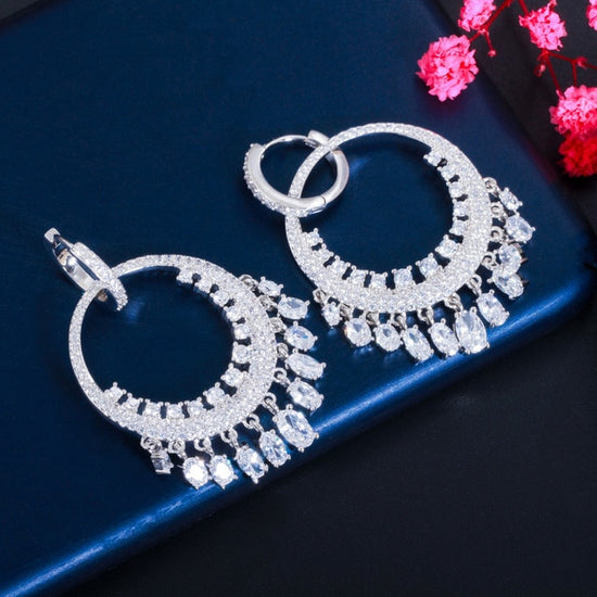 Cubic Zirconia Tassel Long Huggie Hoop Dangle Drop Earrings - TulleLux Bridal Crowns &  Accessories 