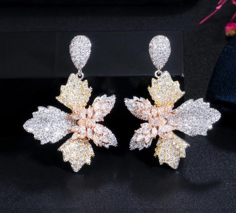 Pretty Dangle Drop Butterfly Flower 3 Tone Rose Gold Cubic Zirconia Earrings - TulleLux Bridal Crowns &  Accessories 