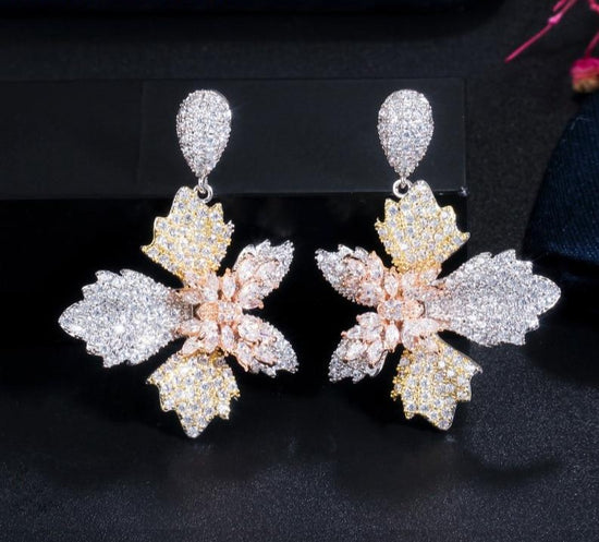 Load image into Gallery viewer, Pretty Dangle Drop Butterfly Flower 3 Tone Rose Gold Cubic Zirconia Earrings - TulleLux Bridal Crowns &amp;amp;  Accessories 
