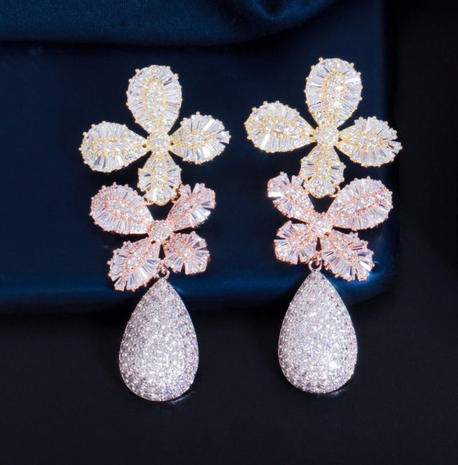 Fine Cubic Zircon Multi Tone Gold Color Statement Long Luxury Leaf Drop Earrings - TulleLux Bridal Crowns &  Accessories 