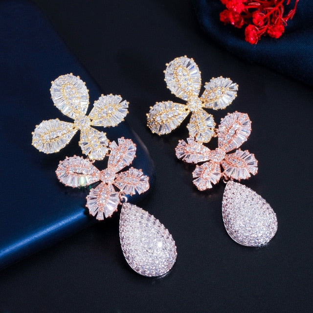 Load image into Gallery viewer, Fine Cubic Zircon Multi Tone Gold Color Statement Long Luxury Leaf Drop Earrings - TulleLux Bridal Crowns &amp;amp;  Accessories 
