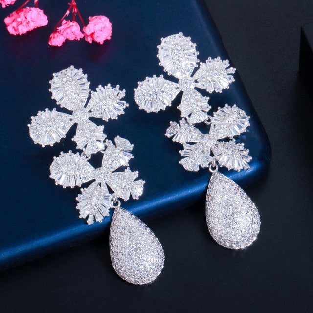 Fine Cubic Zircon Multi Tone Gold Color Statement Long Luxury Leaf Drop Earrings - TulleLux Bridal Crowns &  Accessories 