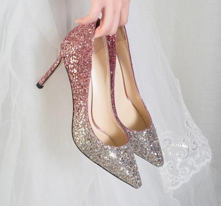 Gradient Sequined Shiny Pointed High Heel Bridal Shoes - TulleLux Bridal Crowns &  Accessories 