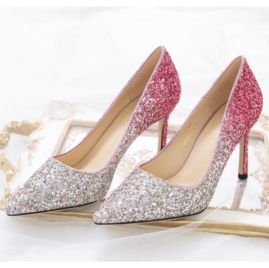 Gradient Sequined Shiny Pointed High Heel Bridal Shoes - TulleLux Bridal Crowns &  Accessories 