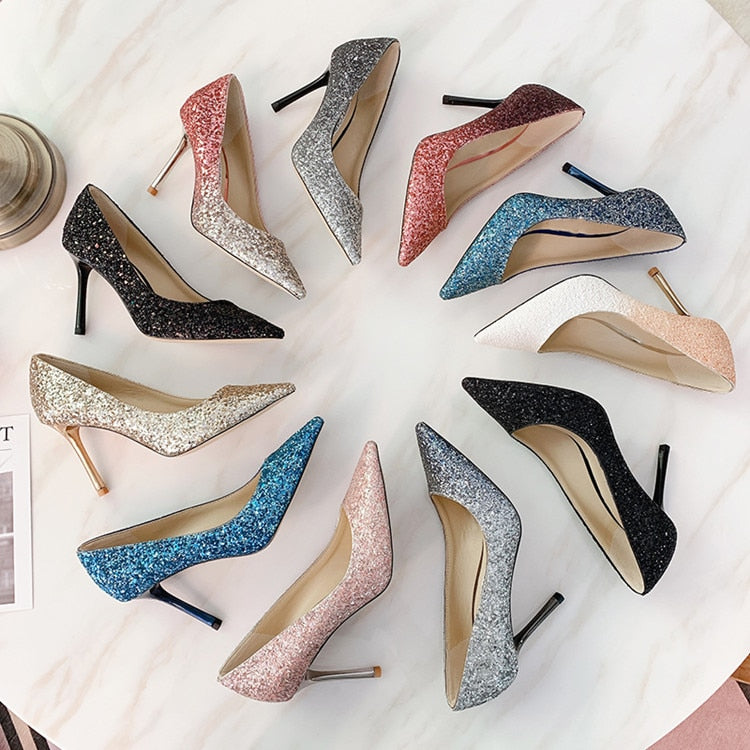 Gradient Sequined Shiny Pointed High Heel Bridal Shoes - TulleLux Bridal Crowns &  Accessories 