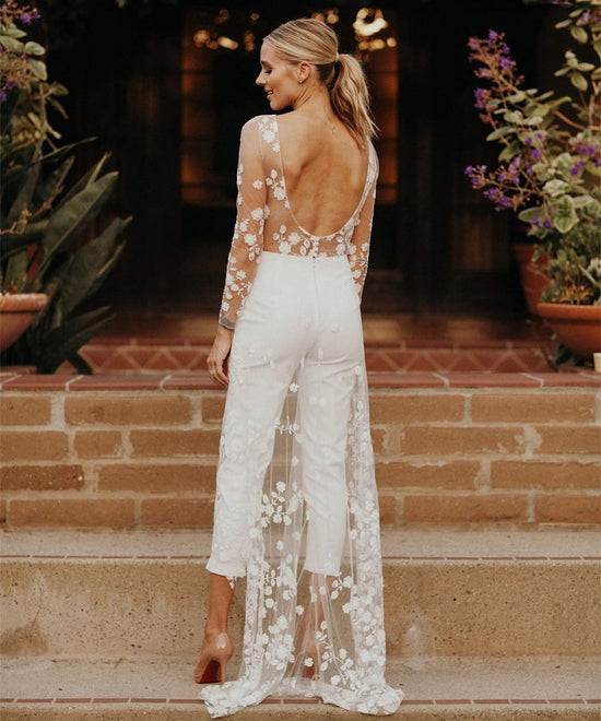 Sexy Open Back Lace Pant Suit Wedding Bridal Dress - TulleLux Bridal Crowns &  Accessories 