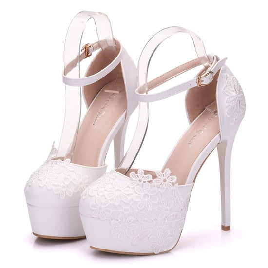 Load image into Gallery viewer, White Lace Ankle Strap Bridal Shoes - TulleLux Bridal Crowns &amp;amp;  Accessories 

