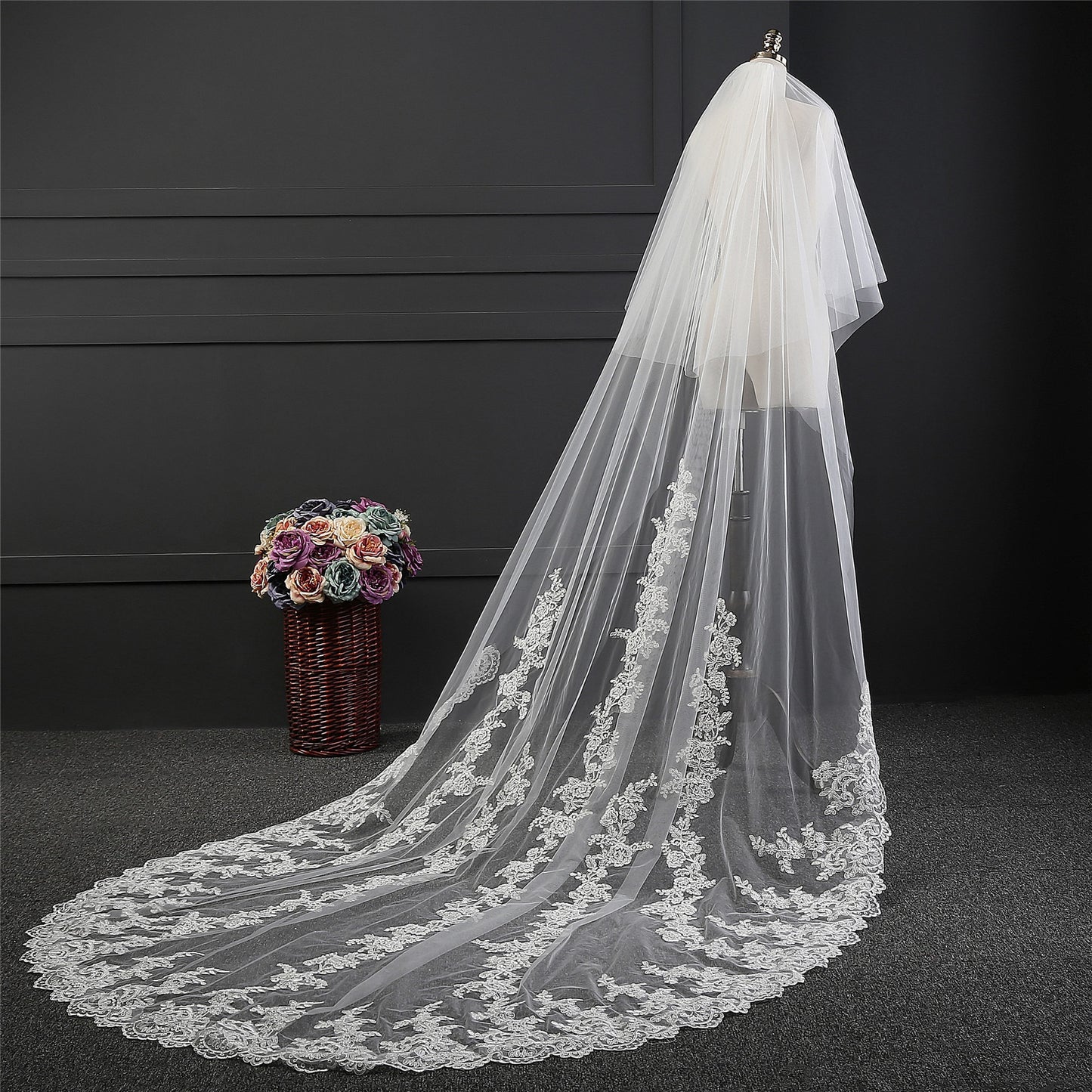 Long Single Tier Cathedral Wedding Veil with Floral Lace Appliqued Edge