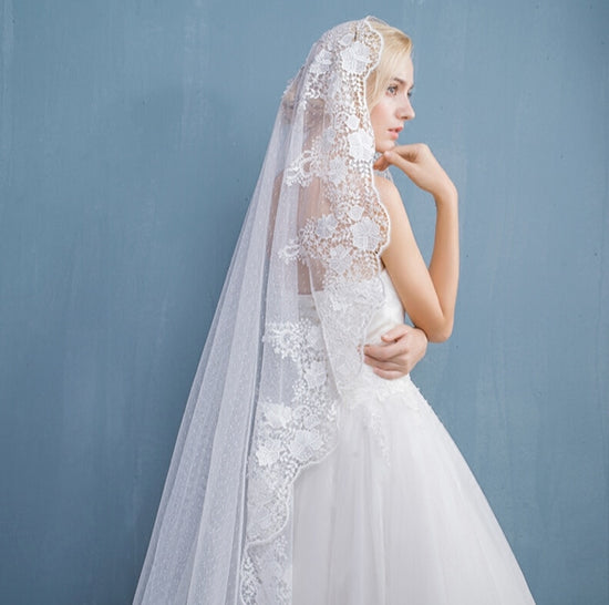 Lace Appliques Edge Cathedral Length Bridal Wedding Veil - TulleLux Bridal Crowns &  Accessories 
