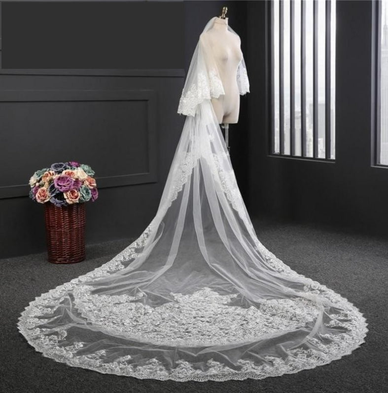 Long Single Tier Cathedral Wedding Veil with Floral Lace Appliqued Edge