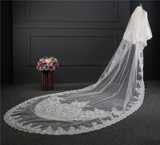 Load image into Gallery viewer, 2 Layer Lace Edge Cathedral Wedding  Bridal Veil - TulleLux Bridal Crowns &amp;amp;  Accessories 
