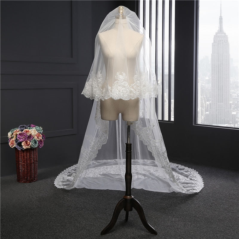 Load image into Gallery viewer, 2 Layer Lace Edge Cathedral Wedding  Bridal Veil - TulleLux Bridal Crowns &amp;amp;  Accessories 
