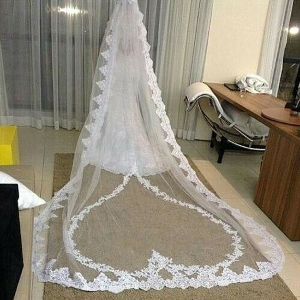 One Layer Heart Lace Appliques Cathedral Wedding Bridal Veil - TulleLux Bridal Crowns &  Accessories 