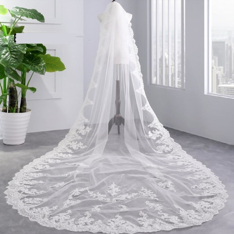 Lace Edge Ivory Appliqued Long Wedding Veils