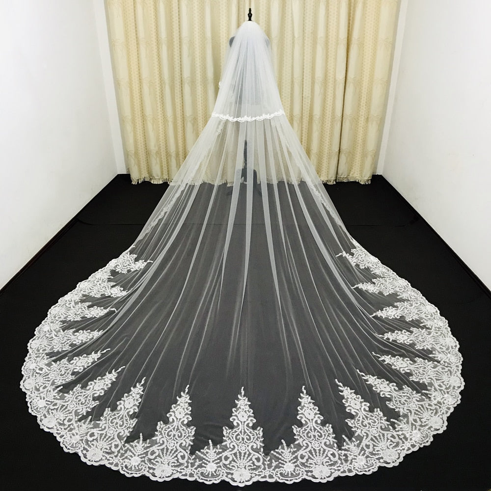 Lace Applique 2 Layer Edge Long Cathedral Bridal Wedding Veil - TulleLux Bridal Crowns &  Accessories 