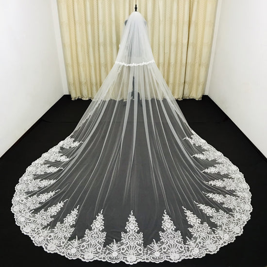 Lace Applique 2 Layer Edge Long Cathedral Bridal Wedding Veil - TulleLux Bridal Crowns &  Accessories 