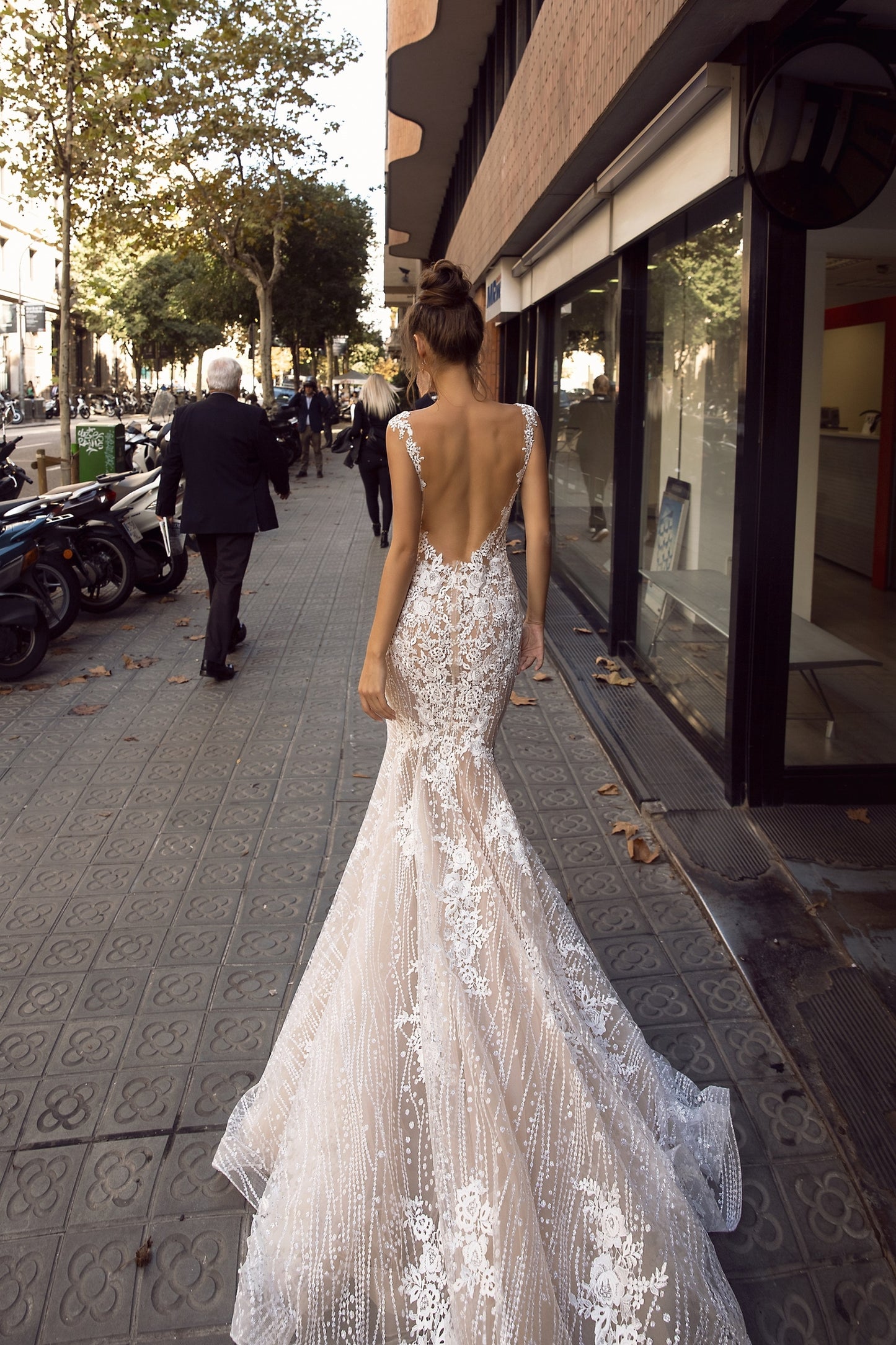 Sophisticated straight column wedding dress with champagne lace