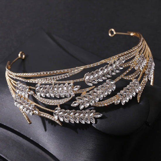 Luxury Crystal Wheat Shape Crown Handmade Gold Color Bride Wedding Tiara Headband - TulleLux Bridal Crowns &  Accessories 