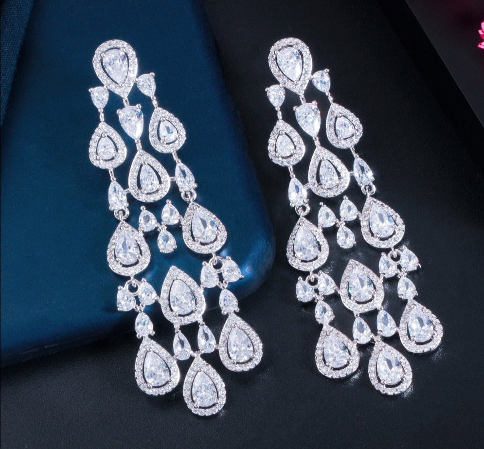 Clear White Water Drop Cubic Zirconia Long Tassel Brazil Style Party Earrings - TulleLux Bridal Crowns &  Accessories 