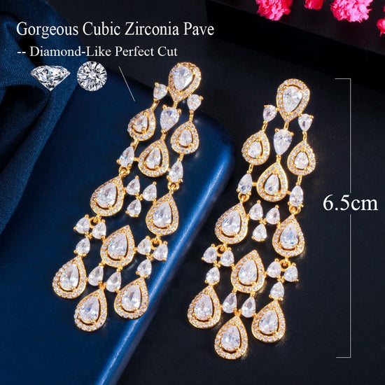 Load image into Gallery viewer, Clear White Water Drop Cubic Zirconia Long Tassel Brazil Style Party Earrings - TulleLux Bridal Crowns &amp;amp;  Accessories 
