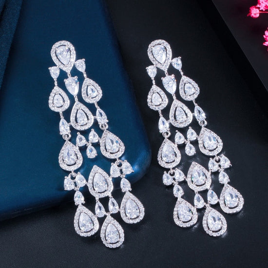 Load image into Gallery viewer, Clear White Water Drop Cubic Zirconia Long Tassel Brazil Style Party Earrings - TulleLux Bridal Crowns &amp;amp;  Accessories 
