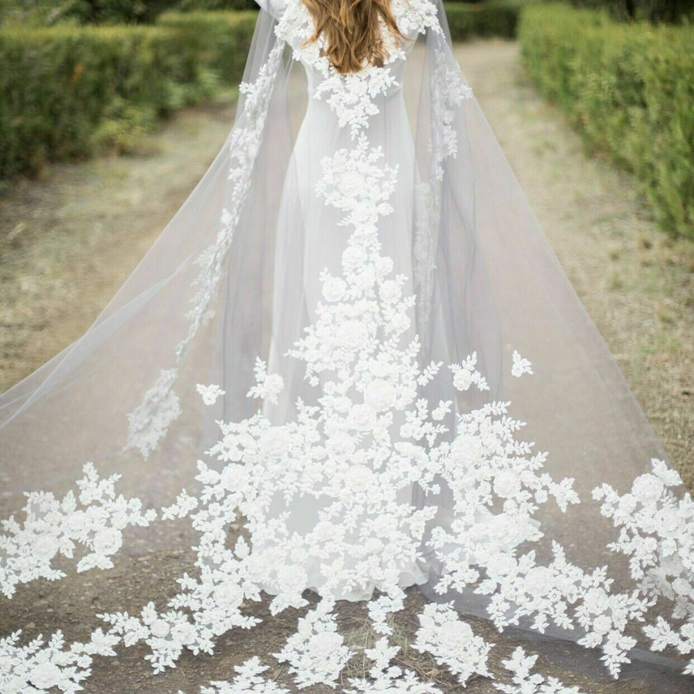 
                      
                        3D Lace Appliques Tulle Long Wedding Bridal Cape Custom Made Cloak - TulleLux Bridal Crowns &  Accessories 
                      
                    