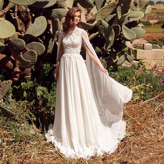 Simple Beach Boho Wedding Dress with Cape Open Back Lace Chiffon Wedding Gown - TulleLux Bridal Crowns &  Accessories 
