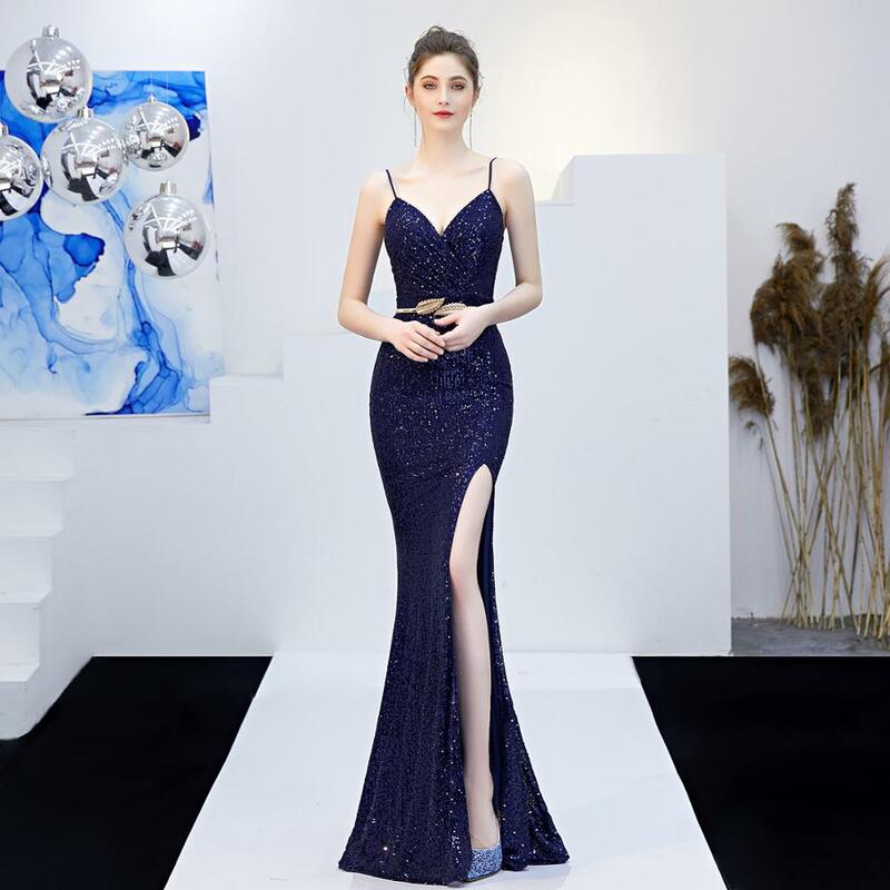 Load image into Gallery viewer, Sequined Evening Pageant  V-Neck Sleeveless Mermaid Gown - TulleLux Bridal Crowns &amp;amp;  Accessories 
