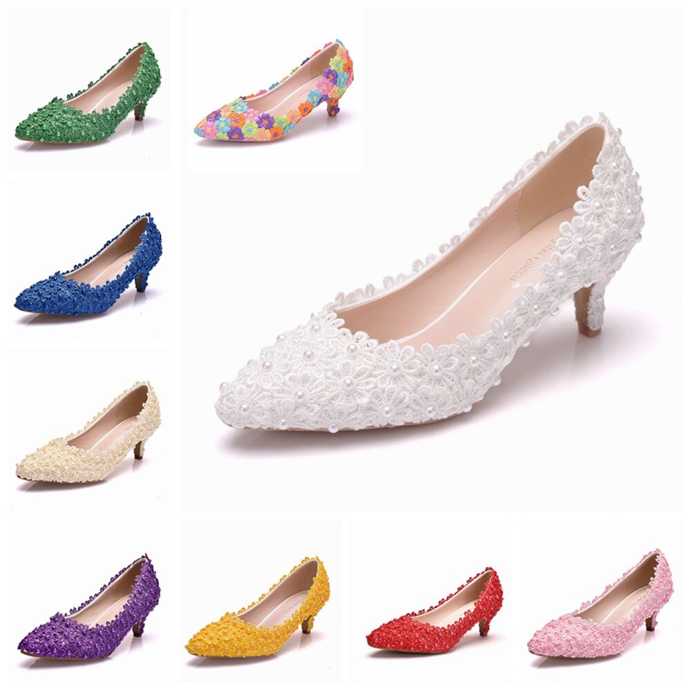 Fabric Flower Pearl Bridal Wedding Shoes Sweet Thin Low Heel Party Dress Pumps - TulleLux Bridal Crowns &  Accessories 