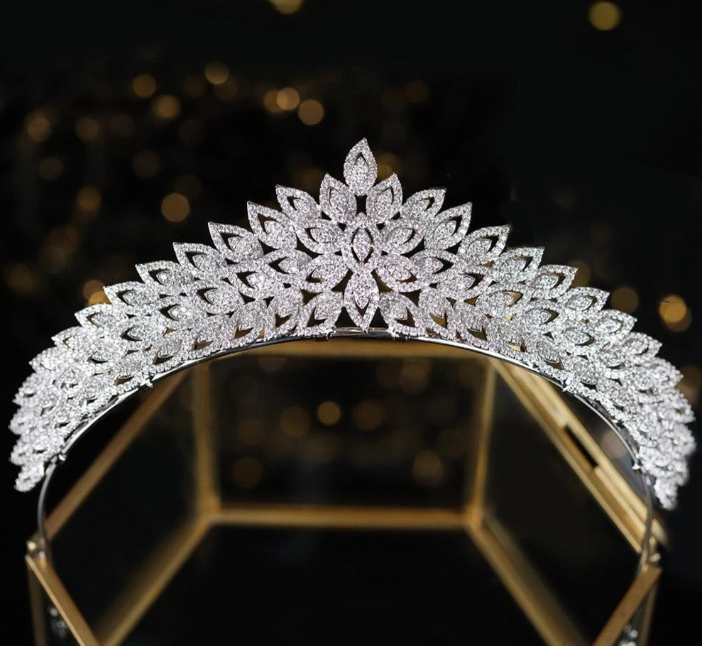 Load image into Gallery viewer, Sparkling Floral Pattern Cubic Zirconia Bridal Tiara Crown - TulleLux Bridal Crowns &amp;amp;  Accessories 
