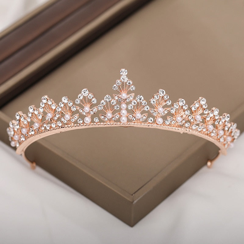 Rose Gold Shining Crystal Pearls Tiara Crown - TulleLux Bridal Crowns &  Accessories 