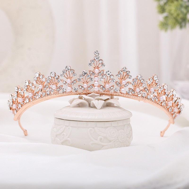 Rose Gold Shining Crystal Pearls Tiara Crown - TulleLux Bridal Crowns &  Accessories 