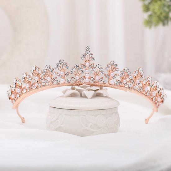 Rose Gold Shining Crystal Pearls Tiara Crown