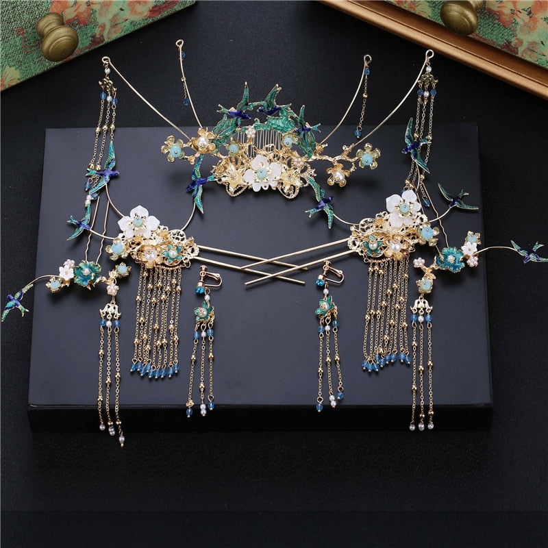 Retro Style Blue Bird Tassels Dragon and Phoenix Tiara Headdress - TulleLux Bridal Crowns &  Accessories 