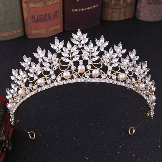 Load image into Gallery viewer, Baroque Blue Rose Gold Crystal Simulated Pearl Tiara - TulleLux Bridal Crowns &amp;amp;  Accessories 
