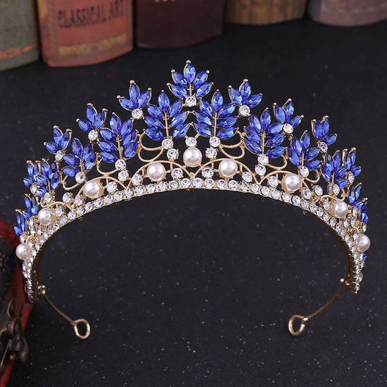 Load image into Gallery viewer, Baroque Blue Rose Gold Crystal Simulated Pearl Tiara - TulleLux Bridal Crowns &amp;amp;  Accessories 
