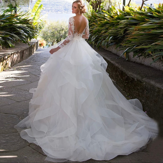 Load image into Gallery viewer, Tiered Ruffled Tulle Lace A Line Princess Wedding  Bridal Gown
